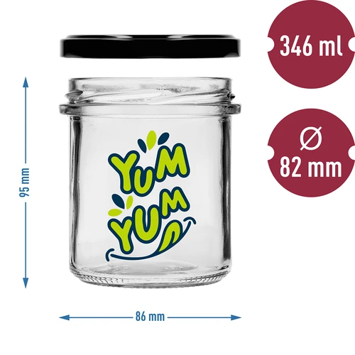 Eenvoudige pot 346ml fi 82 met kleurrijke opdruk "Yum Yum" en zwarte deksel, 3 stuks - 6 ['pot met opdruk', ' potten voor conserven', ' decoratieve potten', ' pot met opschrift', ' decoratieve pot', ' potten voor jam', ' glazen pot met deksel', ' pot voor conserven met deksel']