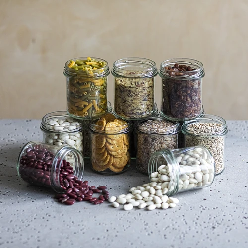 Eenvoudige pot 350ml met zwart deksel fi82 - 6st. - 7 ['set van potten', ' potten voor fermenteren', ' potten voor jam', ' potten met deksels', ' potten fi 82', ' potten met 6 clips deksels', ' potten met zwarte deksels', ' voor conserven', ' voor wecken', ' voor vlees', ' pottenverzameling']