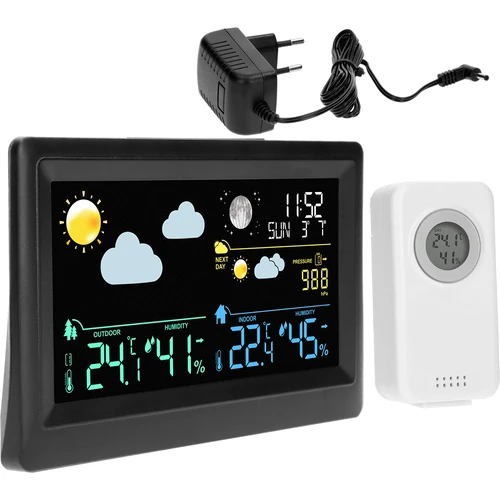 Elektronisch weerstation – draadloos, met sensor, zwart  - 1 ['draadloos weerstation', ' meting van buitentemperatuur en binnentemperatuur', ' vochtigheidsmeting', ' weerstation met kalender', ' weerstation met wekker', ' nauwkeurig weerstation', ' weerstation', ' elektronisch weerstation', ' universeel weerstation', ' ideale weermeter', ' temperatuurcontrole', ' weerbericht', ' vochtigheidssensor', ' hygrometer', ' barometer', ' meting van atmosferische druk', ' weerbericht', ' maanfasen', ' cadeau-idee', ' trends', ' weerstation met kleurendisplay']