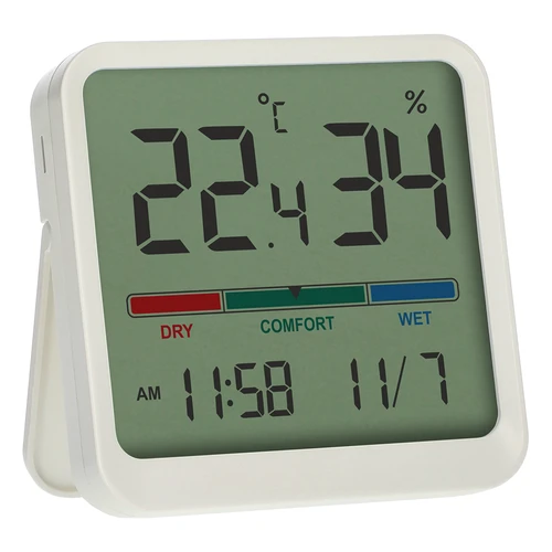 Elektronische kamertemperatuurmeter, wit  - 1 ['elektronische thermometer', ' thermometer met klok en datum', ' thermometer met hygrometer', ' vochtigheidsmeting in de kamer', ' comfortmeter', ' thermometer met comfortindicator', ' multifunctionele thermometer', ' binnenthermometer', ' interne thermometer', ' draadloze thermometer', ' elektronische wandthermometer', ' weerstation', ' weerstation']