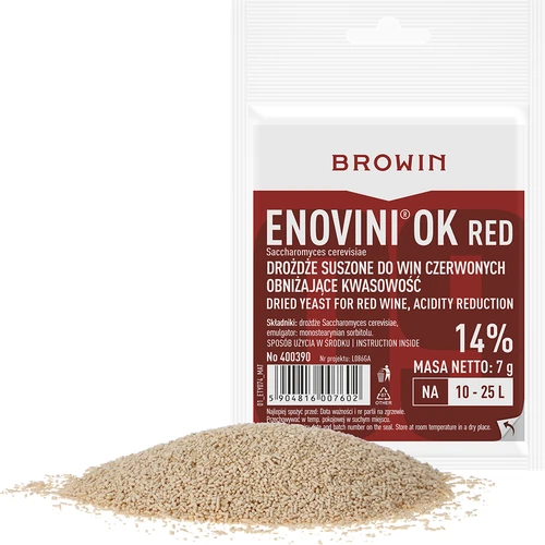 Enovini® OK RED - wijngist die de zuurgraad verlaagt 7 g - 3 ['gist voor donkere druiven', ' gist voor kersen', ' wijn van kersen', ' wijn van druiven', ' gist die de zuurgraad verlaagt', ' gist voor rode wijnen', ' gedroogde gist', ' huisgemaakte wijn', ' gist die de zuurgraad vermindert', ' Enovini-gist', ' Browin wijngist']