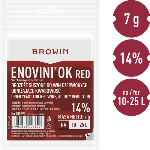 Enovini® OK RED - wijngist die de zuurgraad verlaagt 7 g - 4 ['gist voor donkere druiven', ' gist voor kersen', ' wijn van kersen', ' wijn van druiven', ' gist die de zuurgraad verlaagt', ' gist voor rode wijnen', ' gedroogde gist', ' huisgemaakte wijn', ' gist die de zuurgraad vermindert', ' Enovini-gist', ' Browin wijngist']