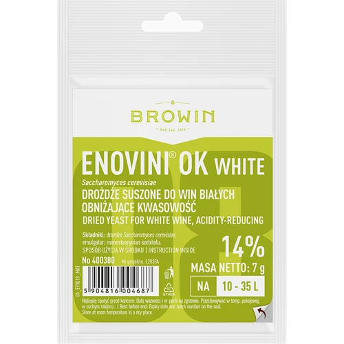 Enovini® OK WHITE - wijngist die de zuurgraad verlaagt 7 g  - 1 ['gist voor appels', ' gist voor witte druiven', ' wijn van appels', ' wijn van druiven', ' gist die de zuurgraad verlaagt', ' gist voor witte wijnen', ' gedroogde gist', ' huisgemaakte wijn', ' gist die de zuurgraad vermindert']