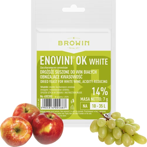Enovini® OK WHITE - wijngist die de zuurgraad verlaagt 7 g - 3 ['gist voor appels', ' gist voor witte druiven', ' wijn van appels', ' wijn van druiven', ' gist die de zuurgraad verlaagt', ' gist voor witte wijnen', ' gedroogde gist', ' huisgemaakte wijn', ' gist die de zuurgraad vermindert']
