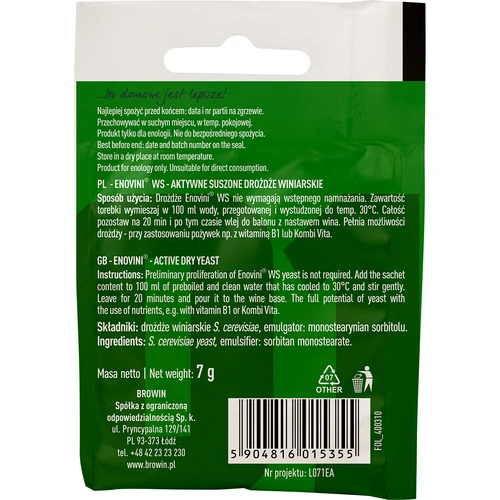 Enovini® WS wijngist, 7 g - 2 ['enovini gist', ' actieve gedroogde wijngist', ' wijngist', ' gist voor wijn', ' gedroogde wijngist', ' gedroogde gist', ' gedroogde gist voor wijn', ' gist voor witte wijn', ' gist voor roséwijn', ' gist voor rode wijn']