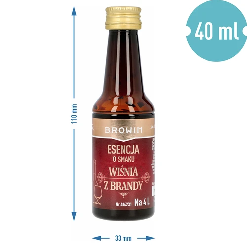 Essence met Kersensmaak en Brandy, 40 ml - voor 4 L - 6 ['alcoholmix', ' aroma voor wodka', ' voor alcohol', ' smaakessence voor alcohol', ' smaakessence voor wodka', ' kersen met brandy mix', ' kersen met brandy essence', ' kersenessence', ' brandy smaakessence', ' essences voor zelfgestookte drank', ' gouden essence', ' essence met kersen en brandy aroma', ' browin mix essences']