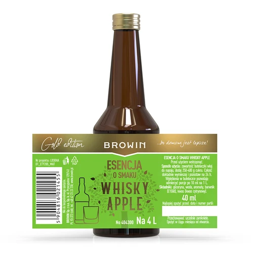 Essentie met Whisky Apple smaak - 40 ml, voor 4L - 4 ['alcoholmix', ' aroma voor alcohol', ' aroma voor wodka', ' smaakessentie', ' aroma voor whisky', ' whisky', ' essentie met natuurlijke aroma', ' whisky-aroma', ' whisky met appelsap', ' essenties', ' essenties voor zelfgestookte drank', ' gold-essentie']