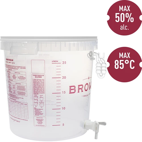 Fermentatiecontainer voor bier met fermentatiebuis, kraantje, thermometer en bezinkselreductor - 3 ['bierkit', ' bierfermentatie', ' container met kraantje', ' fermentatiebuis', ' bezinkselreductor', ' fermentatietemperatuur', ' bierthermometer', ' fermentatie-emmer', ' fermentatiecontainer', ' huisgemaakt bier']