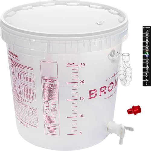Fermentatiecontainer voor bier met fermentatiebuis, kraantje, thermometer en bezinkselreductor  - 1 ['bierkit', ' bierfermentatie', ' container met kraantje', ' fermentatiebuis', ' bezinkselreductor', ' fermentatietemperatuur', ' bierthermometer', ' fermentatie-emmer', ' fermentatiecontainer', ' huisgemaakt bier']