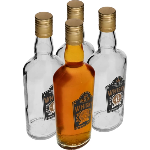 Fles 0,5 L met dop en 2-kleurige opdruk Whisky - 4 stuks  - 1 ['huisgemaakte whiskyfles', ' fles voor whisky', ' glazen fles met dop', ' fles met schroefdop', ' glazen fles 500 ml', ' fles 0', '5 L', ' flessen met opdruk', ' fles met opdruk', ' flessen voor Whiskey']