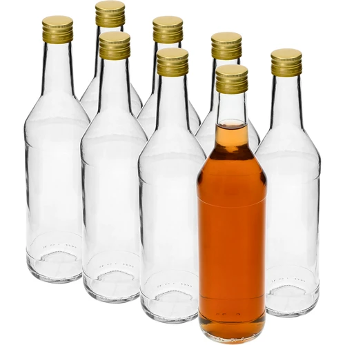 Fles 500 ml voor wodka recht met doppen - 8 stuks - 2 ['flessen met doppen', ' fles met dop', ' sterke drank fles', ' sterke drank flessen', ' wodkafles', ' wodkaflessen', ' sapfles', ' sapflessen', ' likeurfles', ' likeurflessen', ' alcoholflessen', ' fles voor alcohol', ' gouden doppen', ' witte fles', ' schroeffles', ' schroefflessen']