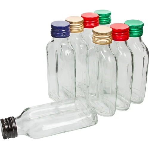 Fles voor likeuren heupfles 100 ml + dop 8 stuks  - 1 ['flessen', ' heupflessen', ' likeuren', ' flessen voor likeuren', ' flesjes', ' huisgemaakte dranken', ' huisgemaakte likeuren', ' heupfles met dop', ' fles met dop', ' flesje met dop', ' flessen met gekleurde doppen', ' gekleurde doppen', ' doppen']