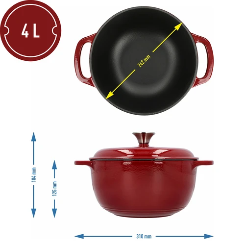 Garnek żeliwny emaliowany - bordowy, 4 L - 4