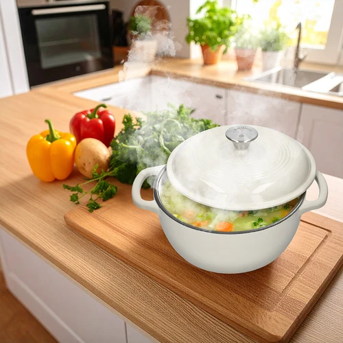 Geëmailleerde gietijzeren pot - ecru, 4 L - 7 ['gietijzeren potten', ' geëmailleerde gietijzeren potten', ' gietijzeren kookgerei', ' voordelen van gietijzeren kookgerei', ' geëmailleerd gietijzer', ' koken in een gietijzeren pot', ' gietijzeren pot met email', ' pot in ecru kleur', ' pot in bordeauxrode kleur', ' pot in saliegroene kleur', ' waarom koken in gietijzeren potten de moeite waard is', ' als cadeau', ' welke gietijzeren potten te kiezen']