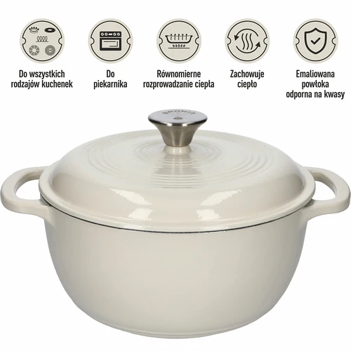Geëmailleerde gietijzeren pot - ecru, 4 L - 5 ['gietijzeren potten', ' geëmailleerde gietijzeren potten', ' gietijzeren kookgerei', ' voordelen van gietijzeren kookgerei', ' geëmailleerd gietijzer', ' koken in een gietijzeren pot', ' gietijzeren pot met email', ' pot in ecru kleur', ' pot in bordeauxrode kleur', ' pot in saliegroene kleur', ' waarom koken in gietijzeren potten de moeite waard is', ' als cadeau', ' welke gietijzeren potten te kiezen']