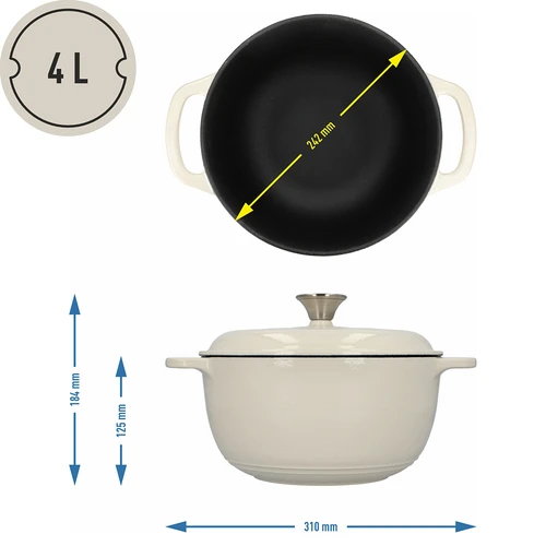 Geëmailleerde gietijzeren pot - ecru, 4 L - 4 ['gietijzeren potten', ' geëmailleerde gietijzeren potten', ' gietijzeren kookgerei', ' voordelen van gietijzeren kookgerei', ' geëmailleerd gietijzer', ' koken in een gietijzeren pot', ' gietijzeren pot met email', ' pot in ecru kleur', ' pot in bordeauxrode kleur', ' pot in saliegroene kleur', ' waarom koken in gietijzeren potten de moeite waard is', ' als cadeau', ' welke gietijzeren potten te kiezen']