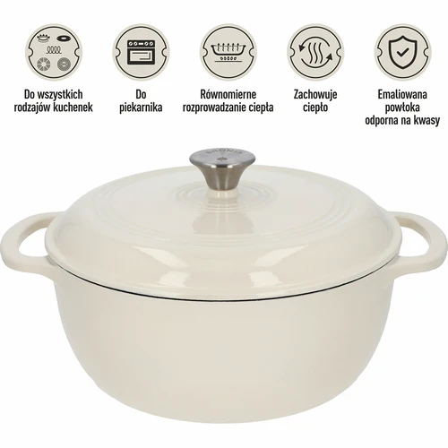 Geëmailleerde gietijzeren pot - ecru, 5,8L - 5 ['gietijzeren potten', ' geëmailleerde gietijzeren potten', ' gietijzeren vaatwerk', ' voordelen van gietijzeren vaatwerk', ' geëmailleerd gietijzer', ' koken in een gietijzeren pot', ' gietijzeren pot met email', ' pot in ecru kleur', ' pot in bordeaux kleur', ' pot in salie kleur', ' waarom koken in gietijzeren potten de moeite waard is', ' als cadeau', ' welke gietijzeren potten te kiezen']