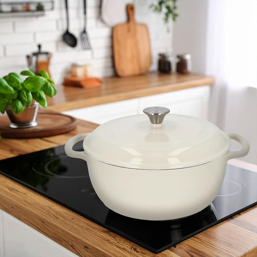 Geëmailleerde gietijzeren pot - ecru, 5,8L - 9 ['gietijzeren potten', ' geëmailleerde gietijzeren potten', ' gietijzeren vaatwerk', ' voordelen van gietijzeren vaatwerk', ' geëmailleerd gietijzer', ' koken in een gietijzeren pot', ' gietijzeren pot met email', ' pot in ecru kleur', ' pot in bordeaux kleur', ' pot in salie kleur', ' waarom koken in gietijzeren potten de moeite waard is', ' als cadeau', ' welke gietijzeren potten te kiezen']
