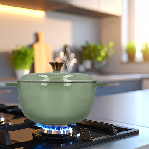 Geëmailleerde gietijzeren pot - salie, 4L - 9 ['gietijzeren potten', ' geëmailleerde gietijzeren potten', ' gietijzeren kookgerei', ' voordelen van gietijzeren kookgerei', ' geëmailleerd gietijzer', ' koken in een gietijzeren pot', ' gietijzeren pot met email', ' pot in ecru kleur', ' pot in bordeaux kleur', ' pot in salie kleur', ' waarom koken in gietijzeren potten', ' als cadeau', ' welke gietijzeren potten te kiezen']