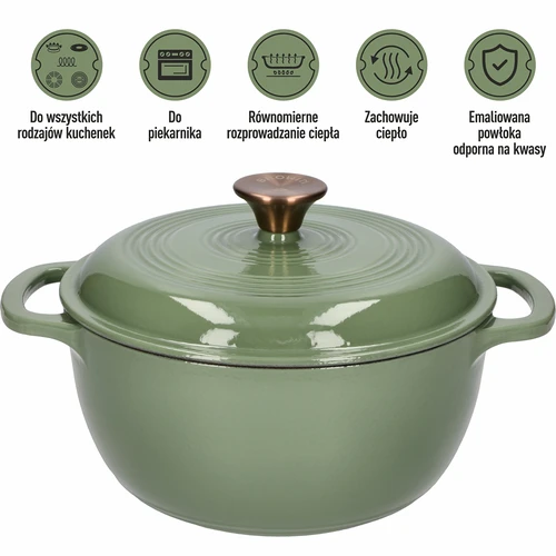 Geëmailleerde gietijzeren pot - salie, 4L - 5 ['gietijzeren potten', ' geëmailleerde gietijzeren potten', ' gietijzeren kookgerei', ' voordelen van gietijzeren kookgerei', ' geëmailleerd gietijzer', ' koken in een gietijzeren pot', ' gietijzeren pot met email', ' pot in ecru kleur', ' pot in bordeaux kleur', ' pot in salie kleur', ' waarom koken in gietijzeren potten', ' als cadeau', ' welke gietijzeren potten te kiezen']