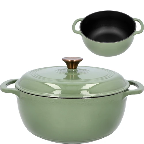 Geëmailleerde gietijzeren pot - salie, 5,8L  - 1 ['gietijzeren potten', ' geëmailleerde gietijzeren potten', ' gietijzeren kookgerei', ' voordelen van gietijzeren kookgerei', ' geëmailleerd gietijzer', ' koken in een gietijzeren pot', ' gietijzeren pot met email', ' pot in ecru kleur', ' pot in bordeaux kleur', ' pot in salie kleur', ' waarom koken in gietijzeren potten', ' als cadeau', ' welke gietijzeren potten te kiezen']