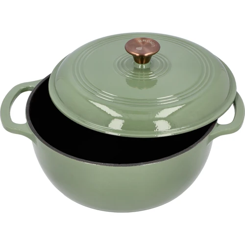Geëmailleerde gietijzeren pot - salie, 5,8L - 2 ['gietijzeren potten', ' geëmailleerde gietijzeren potten', ' gietijzeren kookgerei', ' voordelen van gietijzeren kookgerei', ' geëmailleerd gietijzer', ' koken in een gietijzeren pot', ' gietijzeren pot met email', ' pot in ecru kleur', ' pot in bordeaux kleur', ' pot in salie kleur', ' waarom koken in gietijzeren potten', ' als cadeau', ' welke gietijzeren potten te kiezen']