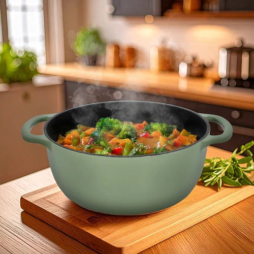 Geëmailleerde gietijzeren pot - salie, 5,8L - 7 ['gietijzeren potten', ' geëmailleerde gietijzeren potten', ' gietijzeren kookgerei', ' voordelen van gietijzeren kookgerei', ' geëmailleerd gietijzer', ' koken in een gietijzeren pot', ' gietijzeren pot met email', ' pot in ecru kleur', ' pot in bordeaux kleur', ' pot in salie kleur', ' waarom koken in gietijzeren potten', ' als cadeau', ' welke gietijzeren potten te kiezen']