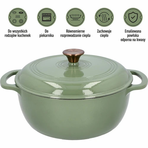 Geëmailleerde gietijzeren pot - salie, 5,8L - 5 ['gietijzeren potten', ' geëmailleerde gietijzeren potten', ' gietijzeren kookgerei', ' voordelen van gietijzeren kookgerei', ' geëmailleerd gietijzer', ' koken in een gietijzeren pot', ' gietijzeren pot met email', ' pot in ecru kleur', ' pot in bordeaux kleur', ' pot in salie kleur', ' waarom koken in gietijzeren potten', ' als cadeau', ' welke gietijzeren potten te kiezen']