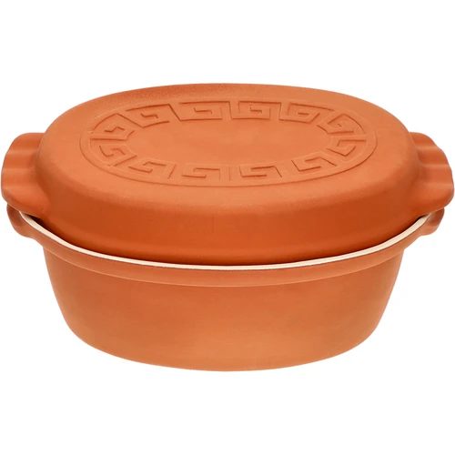 Geglazuurde Romeinse pot 4,5 L (meanders) - 2 ['Romeinse pot', ' vetvrij braden', ' stomen', ' gezond koken', ' voor vlees', ' voor het braden van vlees', ' voor brood', ' voor vis', ' voor vegetariërs', ' eenpansgerechten', ' gerechten voor kinderen', ' dieetgerechten', ' voor het bakken van brood', ' geëmailleerde Romeinse pot', ' gecoate Romeinse pot', ' geglazuurde Romeinse pot', ' kleipot', ' Romeins vat', ' Romeinse vorm', ' kleien pot', ' Romeinse pot met deksel', ' vat met deksel', ' cadeau-idee']