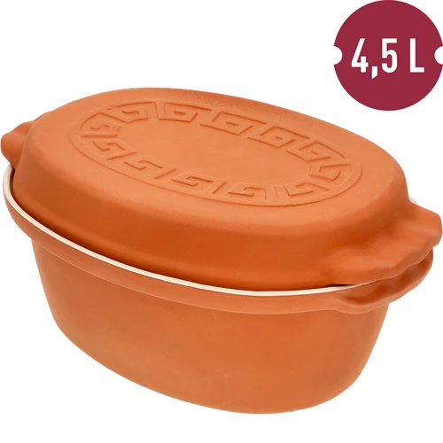 Geglazuurde Romeinse pot 4,5 L (meanders) - 6 ['Romeinse pot', ' vetvrij braden', ' stomen', ' gezond koken', ' voor vlees', ' voor het braden van vlees', ' voor brood', ' voor vis', ' voor vegetariërs', ' eenpansgerechten', ' gerechten voor kinderen', ' dieetgerechten', ' voor het bakken van brood', ' geëmailleerde Romeinse pot', ' gecoate Romeinse pot', ' geglazuurde Romeinse pot', ' kleipot', ' Romeins vat', ' Romeinse vorm', ' kleien pot', ' Romeinse pot met deksel', ' vat met deksel', ' cadeau-idee']