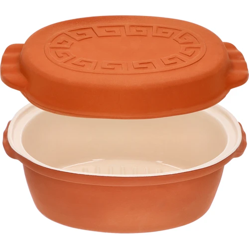 Geglazuurde Romeinse pot 4,5 L (meanders) - 3 ['Romeinse pot', ' vetvrij braden', ' stomen', ' gezond koken', ' voor vlees', ' voor het braden van vlees', ' voor brood', ' voor vis', ' voor vegetariërs', ' eenpansgerechten', ' gerechten voor kinderen', ' dieetgerechten', ' voor het bakken van brood', ' geëmailleerde Romeinse pot', ' gecoate Romeinse pot', ' geglazuurde Romeinse pot', ' kleipot', ' Romeins vat', ' Romeinse vorm', ' kleien pot', ' Romeinse pot met deksel', ' vat met deksel', ' cadeau-idee']