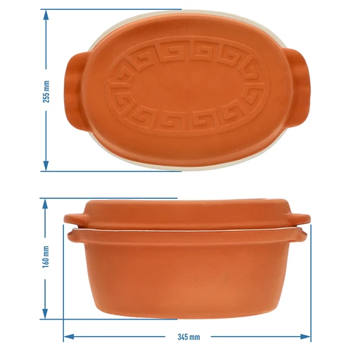Geglazuurde Romeinse pot 4,5 L (meanders) - 9 ['Romeinse pot', ' vetvrij braden', ' stomen', ' gezond koken', ' voor vlees', ' voor het braden van vlees', ' voor brood', ' voor vis', ' voor vegetariërs', ' eenpansgerechten', ' gerechten voor kinderen', ' dieetgerechten', ' voor het bakken van brood', ' geëmailleerde Romeinse pot', ' gecoate Romeinse pot', ' geglazuurde Romeinse pot', ' kleipot', ' Romeins vat', ' Romeinse vorm', ' kleien pot', ' Romeinse pot met deksel', ' vat met deksel', ' cadeau-idee']