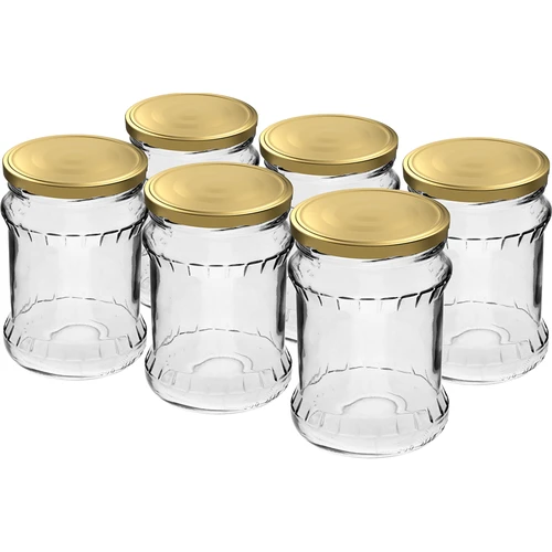 Geribbelde vispot 500ml - met gouden deksel fi 82/6, 6 stuks  - 1 ['glazen pot', ' pot', ' potje', ' potje voor het inmaken van augurken', ' potje voor augurken', ' potje voor conserven', ' potje voor meel', ' potje voor soep', ' potje 500 ml', ' potje met deksel', ' potje voor wecken', ' potten voor wecken', ' potje voor honing']
