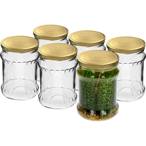Geribbelde vispot 500ml - met gouden deksel fi 82/6, 6 stuks - 2 ['glazen pot', ' pot', ' potje', ' potje voor het inmaken van augurken', ' potje voor augurken', ' potje voor conserven', ' potje voor meel', ' potje voor soep', ' potje 500 ml', ' potje met deksel', ' potje voor wecken', ' potten voor wecken', ' potje voor honing']