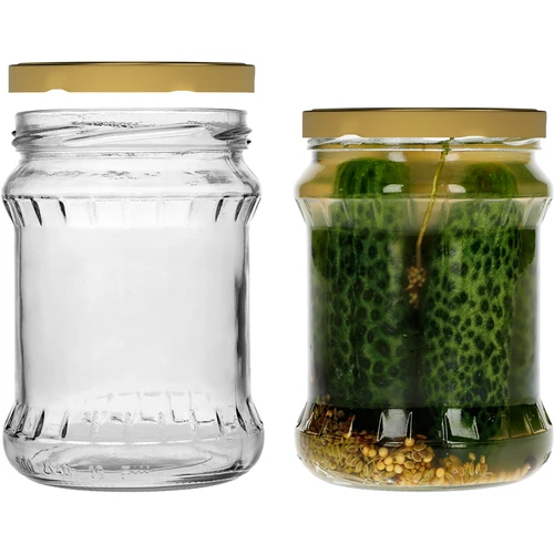 Geribbelde vispot 500ml - met gouden deksel fi 82/6, 6 stuks - 4 ['glazen pot', ' pot', ' potje', ' potje voor het inmaken van augurken', ' potje voor augurken', ' potje voor conserven', ' potje voor meel', ' potje voor soep', ' potje 500 ml', ' potje met deksel', ' potje voor wecken', ' potten voor wecken', ' potje voor honing']
