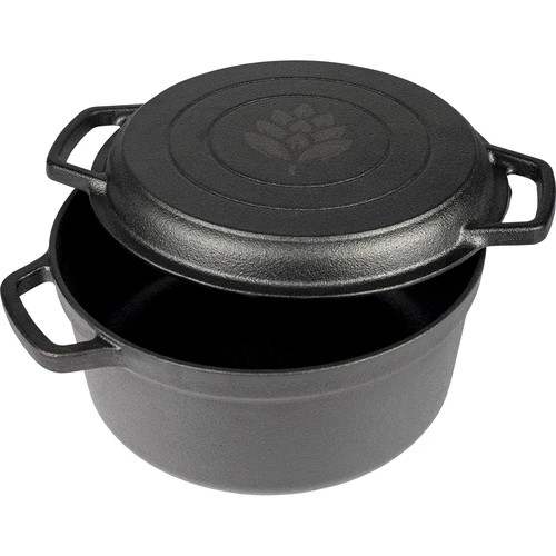 Gietijzeren pan met koekenpan, 5 L + 1 L - 3 ['pan met de pan', ' 2 in 1', ' gietijzeren pan', ' gietijzeren koekenpan', ' gietijzeren koekenpan', ' gietijzeren kookset', ' om te koken', ' om te bakken', ' om te braden', ' voor kampvuur', ' grillpan']