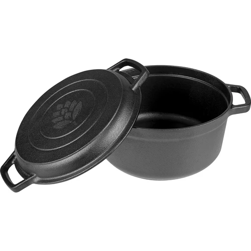 Gietijzeren pan met koekenpan, 5 L + 1 L - 4 ['pan met de pan', ' 2 in 1', ' gietijzeren pan', ' gietijzeren koekenpan', ' gietijzeren koekenpan', ' gietijzeren kookset', ' om te koken', ' om te bakken', ' om te braden', ' voor kampvuur', ' grillpan']