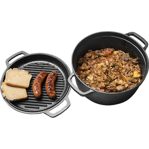 Gietijzeren pan met koekenpan, 5 L + 1 L - 13 ['pan met de pan', ' 2 in 1', ' gietijzeren pan', ' gietijzeren koekenpan', ' gietijzeren koekenpan', ' gietijzeren kookset', ' om te koken', ' om te bakken', ' om te braden', ' voor kampvuur', ' grillpan']