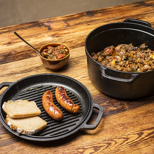 Gietijzeren pan met koekenpan, 5 L + 1 L - 16 ['pan met de pan', ' 2 in 1', ' gietijzeren pan', ' gietijzeren koekenpan', ' gietijzeren koekenpan', ' gietijzeren kookset', ' om te koken', ' om te bakken', ' om te braden', ' voor kampvuur', ' grillpan']