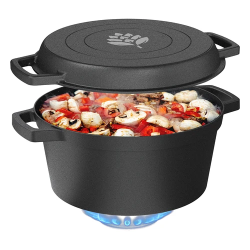 Gietijzeren pan met koekenpan, 5 L + 1 L - 7 ['pan met de pan', ' 2 in 1', ' gietijzeren pan', ' gietijzeren koekenpan', ' gietijzeren koekenpan', ' gietijzeren kookset', ' om te koken', ' om te bakken', ' om te braden', ' voor kampvuur', ' grillpan']