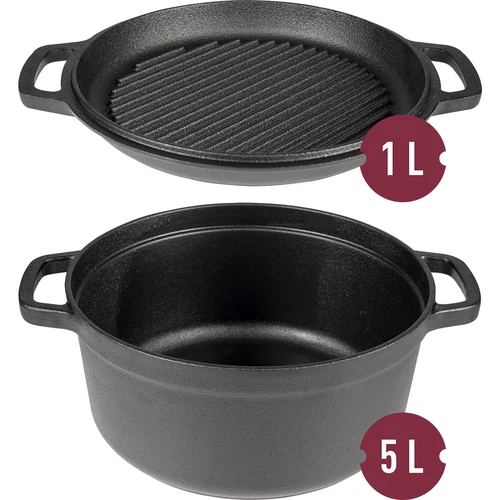 Gietijzeren pan met koekenpan, 5 L + 1 L - 2 ['pan met de pan', ' 2 in 1', ' gietijzeren pan', ' gietijzeren koekenpan', ' gietijzeren koekenpan', ' gietijzeren kookset', ' om te koken', ' om te bakken', ' om te braden', ' voor kampvuur', ' grillpan']