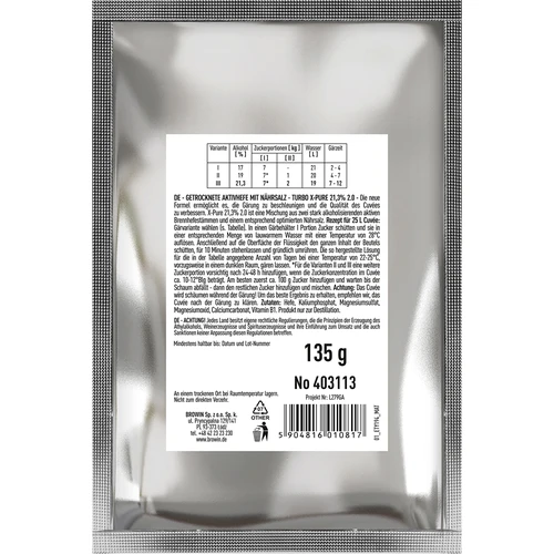 Gist Turbo X-Pure 21,3 %, 48 u, 25 L - 2 ['distilleergist', ' gist voor alcohol', ' turbo gist', ' pure gist', ' gist 21', '3%', ' gist voor brouwsel', ' voor zelfgemaakte alcohol', ' distilleergist voor 25 L', ' brouwsel 25 L', ' zuivere fermentatie', ' suikerbrouwsels', ' voor hoogalcoholische brouwsels', ' voor suikerbrouwsels', ' hoog alcoholpercentage', ' distillatie', ' meer dan 21%', ' snelle fermentatie', ' Browin gist', ' gist 21%', ' alco gist', ' alko gist', ' sterke gist', ' zuivere fermentatie']
