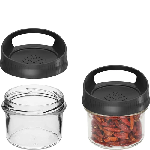 Glazen container 235 ml, met deksel om op te hangen - 2 ['glazen container', ' container', ' glazen container met deksel', ' glazen container om op te hangen', ' deksel met handvat', ' container om op te hangen', ' kruidencontainer', ' container voor droge producten', ' potcontainer 235 ml']