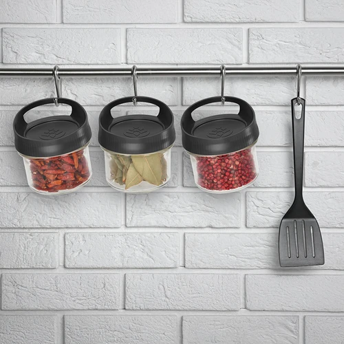 Glazen container 235 ml, met deksel om op te hangen - 6 ['glazen container', ' container', ' glazen container met deksel', ' glazen container om op te hangen', ' deksel met handvat', ' container om op te hangen', ' kruidencontainer', ' container voor droge producten', ' potcontainer 235 ml']