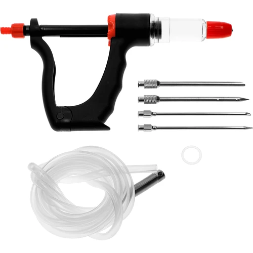 Halfautomatische vleeswareninjector met naaldenset en slang - 4 ['huisgemaakte vleeswaren', ' thuisvleeswaren', ' zelfgemaakte vlees- en vleeswarenproductie', ' ham', ' schouderham', ' worsten', ' eigen vleeswaren', ' vlees', ' zelfgemaakte culinaire producten', ' diner', ' vlees pekelen', ' injecteren', ' injectoren', ' vleesspuit', ' roestvrijstalen naalden', ' injectienaald', ' pekelen', ' roken', ' vleeswarenaccessoires', ' vleesspuit', ' roestvrijstalen naalden', ' injectienaald', ' voor vlees', ' voor pekelen']
