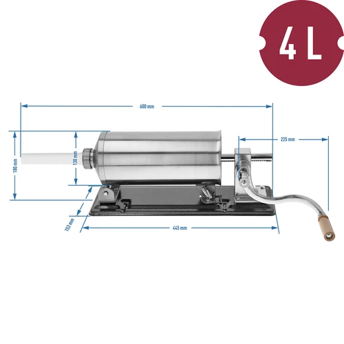 Horizontale vulmachine 4 kg - 10 ['horizontale vulmachine 4 kg', ' vulmachine', ' voor worsten', ' voor het vullen van zelfgemaakte worsten', ' spuitzak', ' gastronomische vulmachine', ' huishoudelijke vulmachine', ' slagerijapparatuur', ' trechters voor vulmachine', ' vulmachine voor zelfgemaakte vleeswaren', ' worstenvuller', ' vleesvuller', ' horizontale vuller']