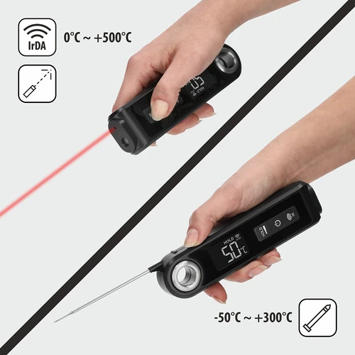Infrarood keukenthermometer, compact, met inklapbare sonde - 6 ['keukenthermometer', ' voedselthermometer', ' voor koken', ' voor roken', ' voor bakken', ' vleesthermometer', ' gebakthermometer', ' universele thermometer', ' beste keukenthermometer', ' thermometer met sonde', ' infraroodthermometer', ' keukenthermometer', ' cadeau-idee']