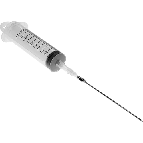 Injectiespuit 100 ml + 2 naalden - 2 ['vleeswaren', ' voor vlees', ' vleesspuit', ' roestvrijstalen naalden', ' injectienaald', ' voor vlees', ' voor pekelen', ' onvoldoende pekelen', ' grijze vlekken in vleeswaren']