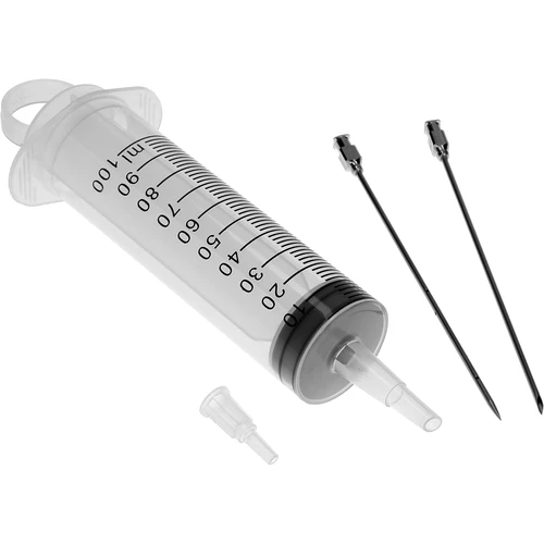 Injectiespuit 100 ml + 2 naalden - 4 ['vleeswaren', ' voor vlees', ' vleesspuit', ' roestvrijstalen naalden', ' injectienaald', ' voor vlees', ' voor pekelen', ' onvoldoende pekelen', ' grijze vlekken in vleeswaren']