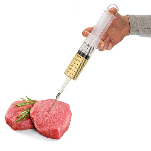 Injectiespuit 100 ml + 2 naalden - 6 ['vleeswaren', ' voor vlees', ' vleesspuit', ' roestvrijstalen naalden', ' injectienaald', ' voor vlees', ' voor pekelen', ' onvoldoende pekelen', ' grijze vlekken in vleeswaren']